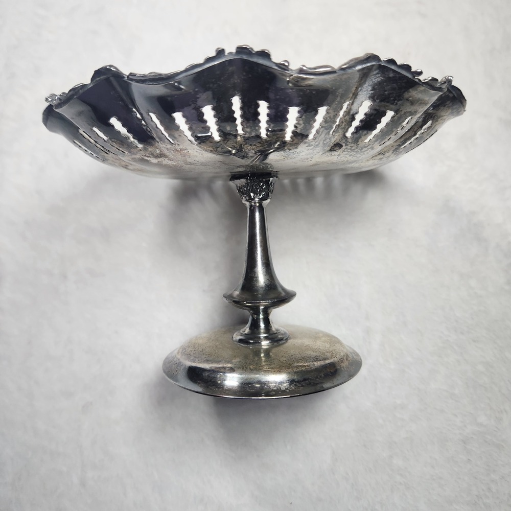 Old English Reproduction Silver Plate Pedestal Dish Pierced Scroll 1065 B.M.